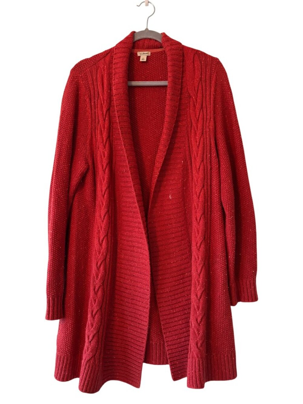 L.L.Bean Womens Rust Orange Cable Knit Open Front Cardigan Sweater Large